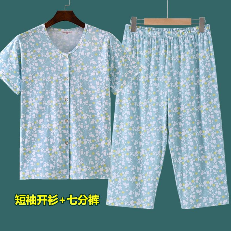 夏季妈妈短袖开衫睡衣睡裤套装中老年女士前开扣半袖七分裤家居服