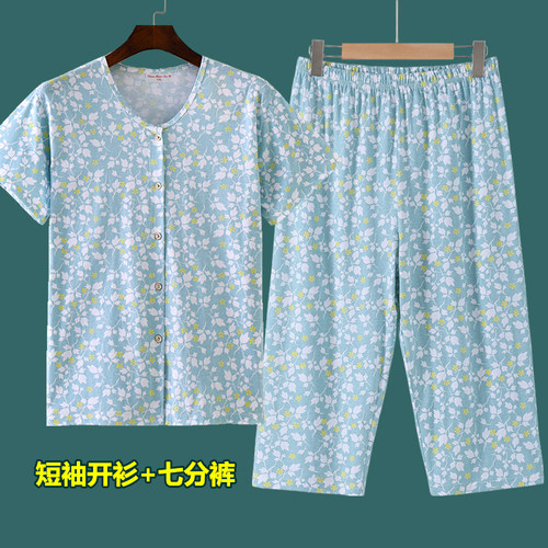 中老年女短袖开衫睡衣七分裤套装