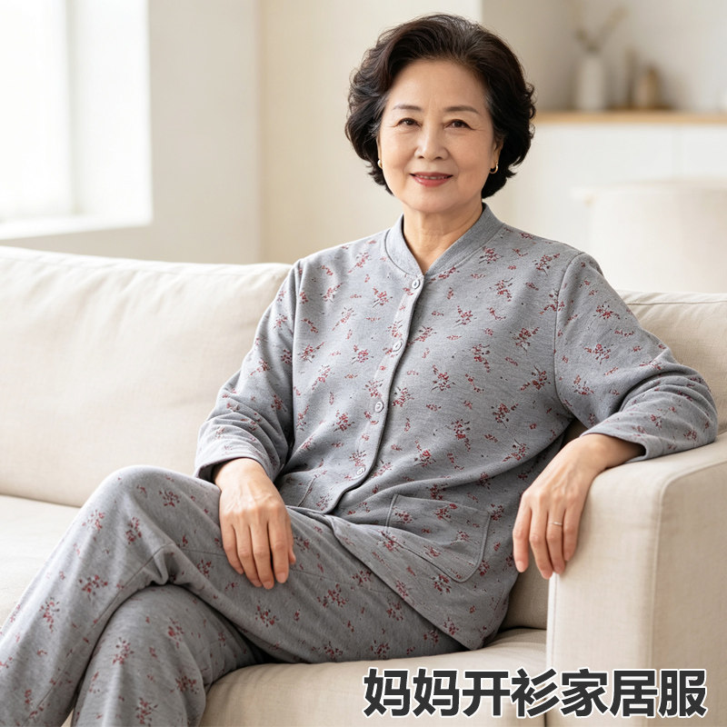 女士纯棉开衫秋衣秋裤中老年对襟宽松睡衣睡裤妈妈加肥加大家居服