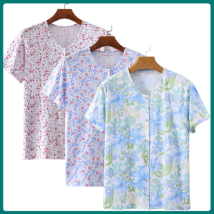 薄款 开衫 中老年纯棉睡衣女士夏季 短袖 家居服老太太对襟加大码 汗衫