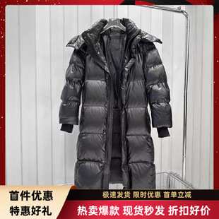 黑钻黑珍珠长款羽绒服男女同款2025新款加厚过膝鹅绒可脱卸帽情侣