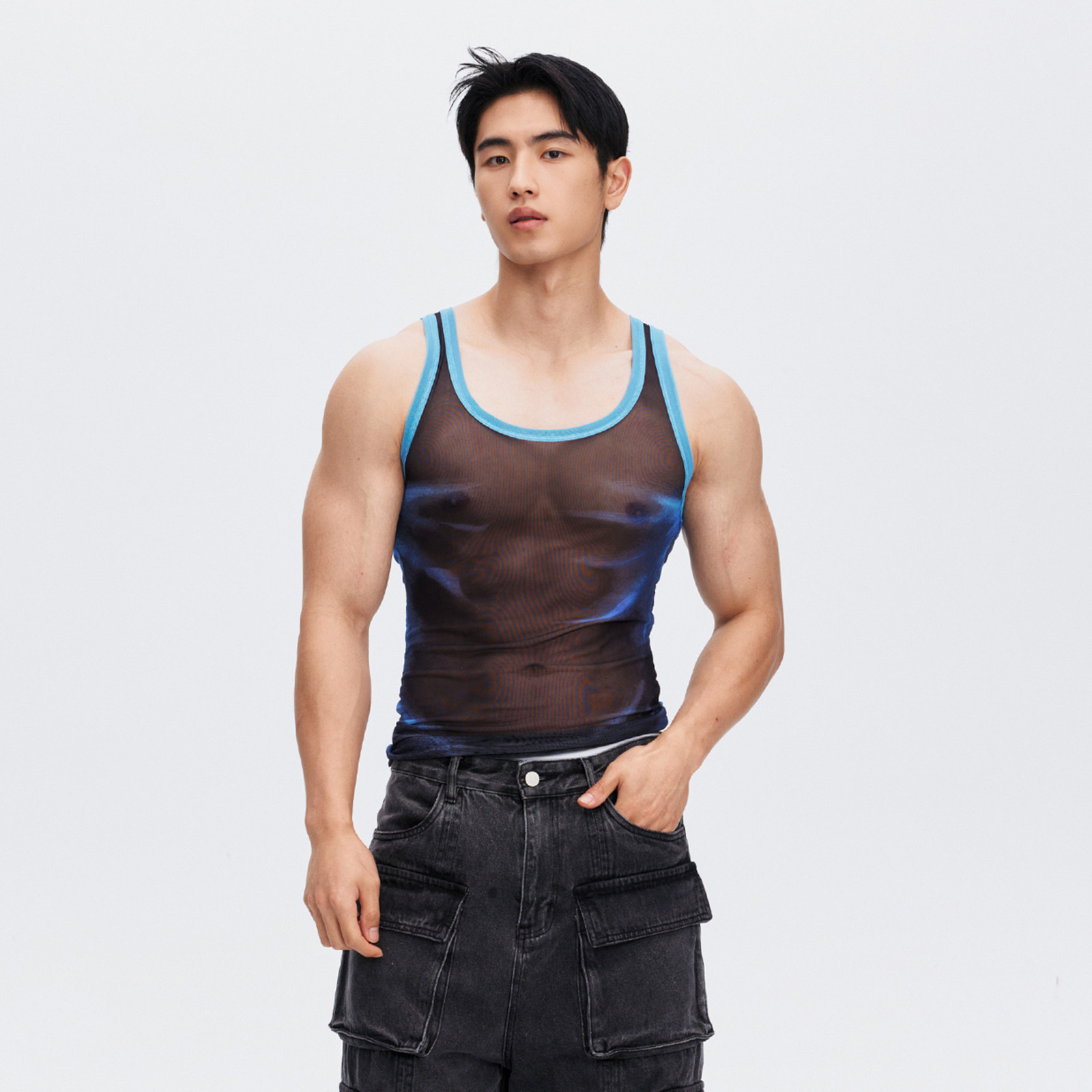 MUZEDUSTUDIO黑蓝拼色印花网纱紧身背心,男装,背心,淘宝优惠券,粉丝福利购,淘宝优惠卷