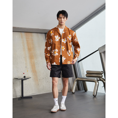 棕色长袖衬衫MUZEDU古巴领雏菊