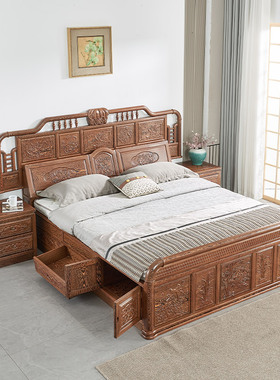 红木家具非洲鸡翅木床实木古典雕花1.8m双人大床主卧高箱储物中式