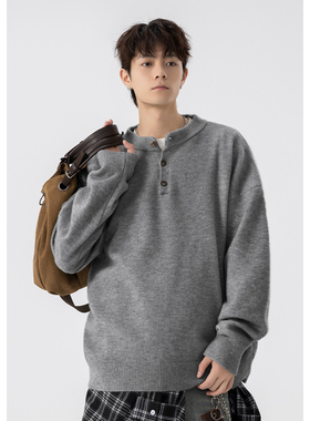 灰色圆领针织衫男女宽松毛衣秋冬季上衣慵懒风情侣加厚内搭亨利领