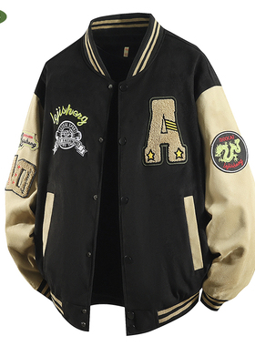 秋冬加厚美式复古棒球领外套男美拉德高级感麂皮绒情侣飞行夹克机