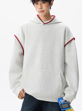 美式花灰色连帽长袖卫衣男春季潮牌拼接撞色上衣外套