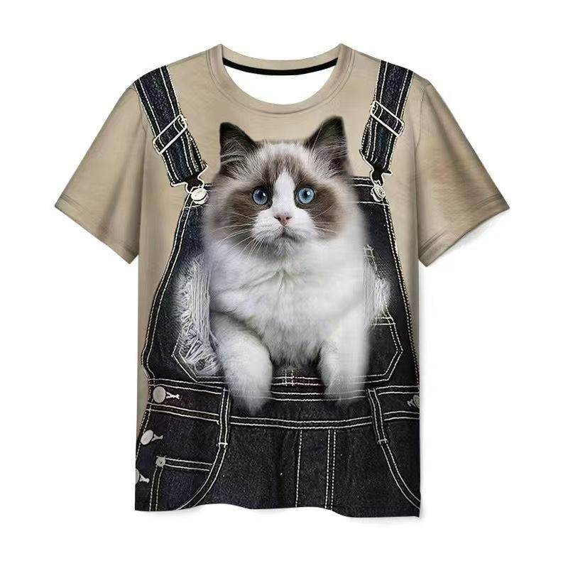 萌猫出击假两件背带短袖T恤猫咪3D印花女夏季宽松减龄学生装