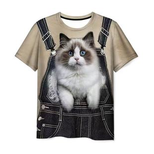 萌猫出击假两件背带短袖T恤猫咪3D印花女夏季宽松减龄学生装