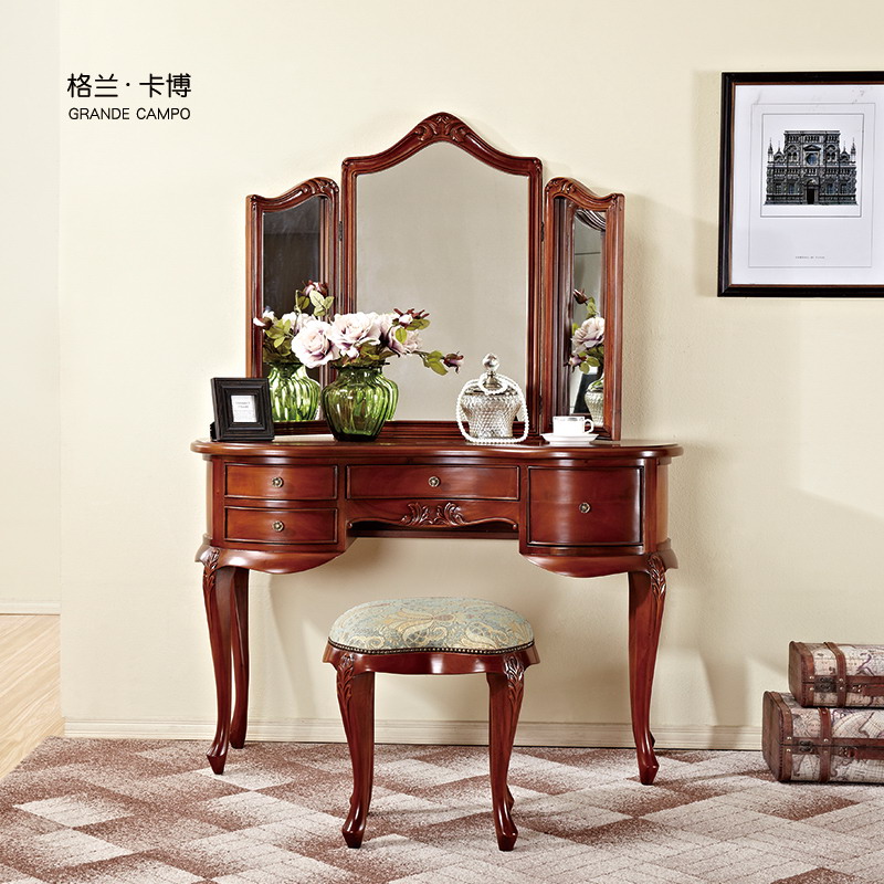 化妆台美式桃花芯木梳妆台镜带凳简约小户型三折镜子欧式实木妆台
