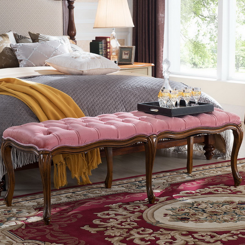 美式床尾凳法式复古沙发凳布艺拉扣长凳卧室床前欧式实木换鞋凳子