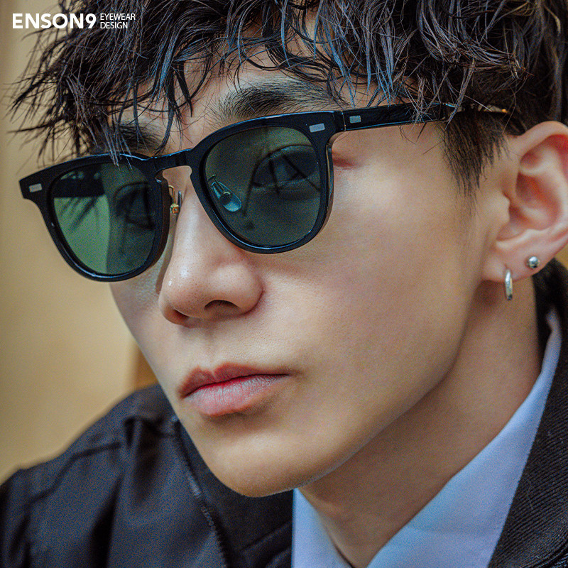 enson9日系板材半透明方框墨镜潮男女 复古浅灰墨绿防紫外太阳镜