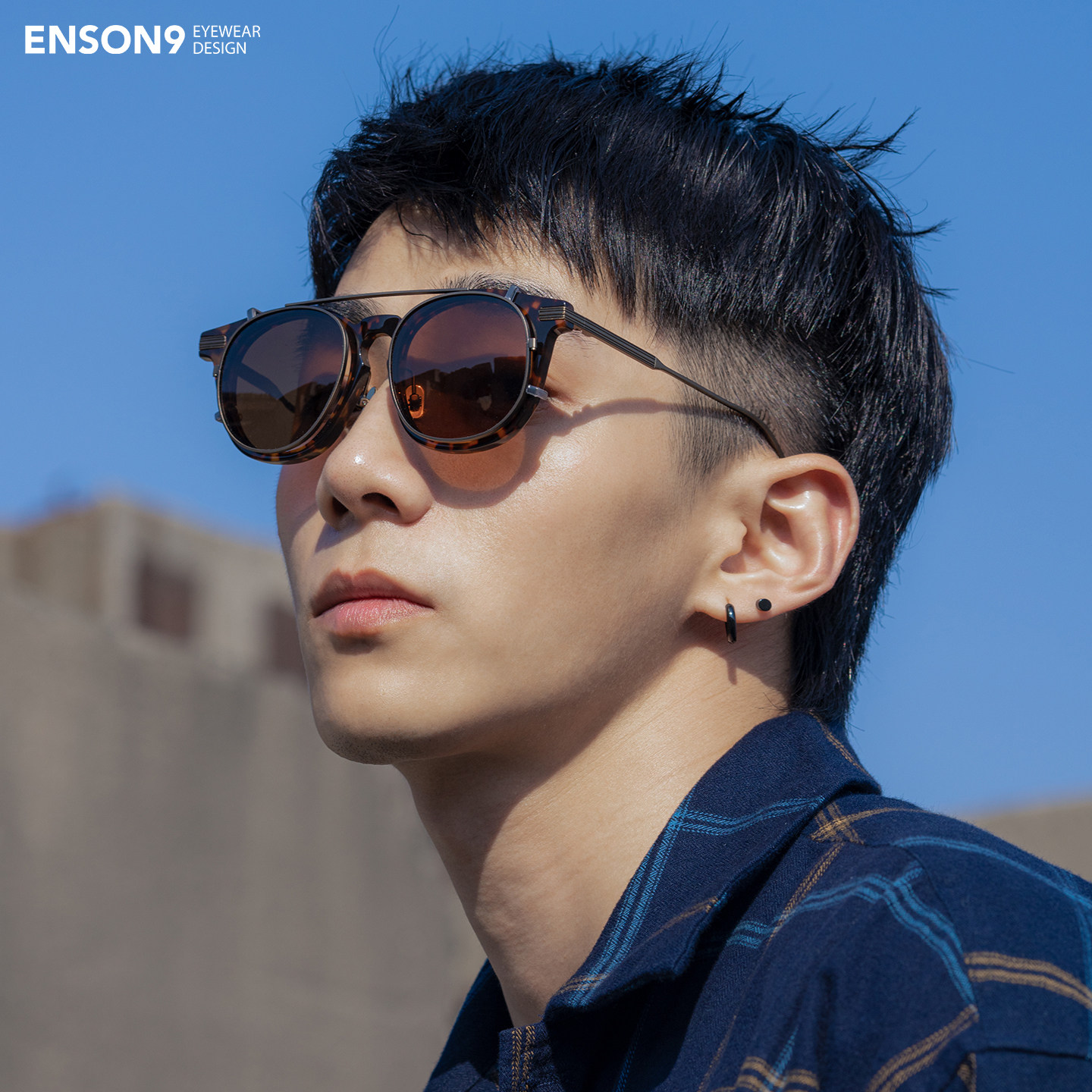 enson9复古板材纯钛大圆框偏光太阳镜潮男 日系双层夹片近视墨镜