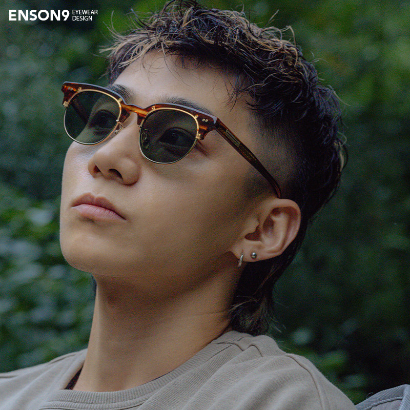 enson9日系复古板材金属半框墨镜潮男女 高级石纹粗框圆框太阳镜