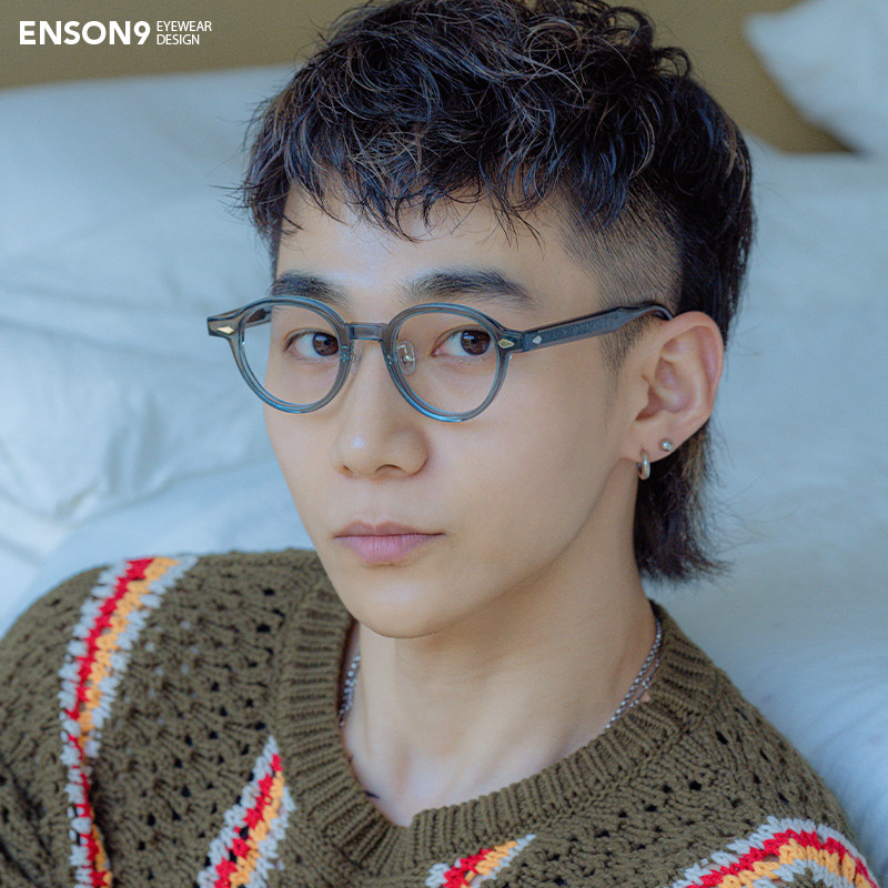 enson9中式复古花纹铰链板材圆框潮男女 半透明粗框近视平光镜架