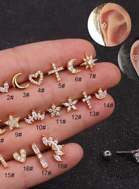 Labret Piercing Ear Ring Steel Stud Crystal Gem Flat Back