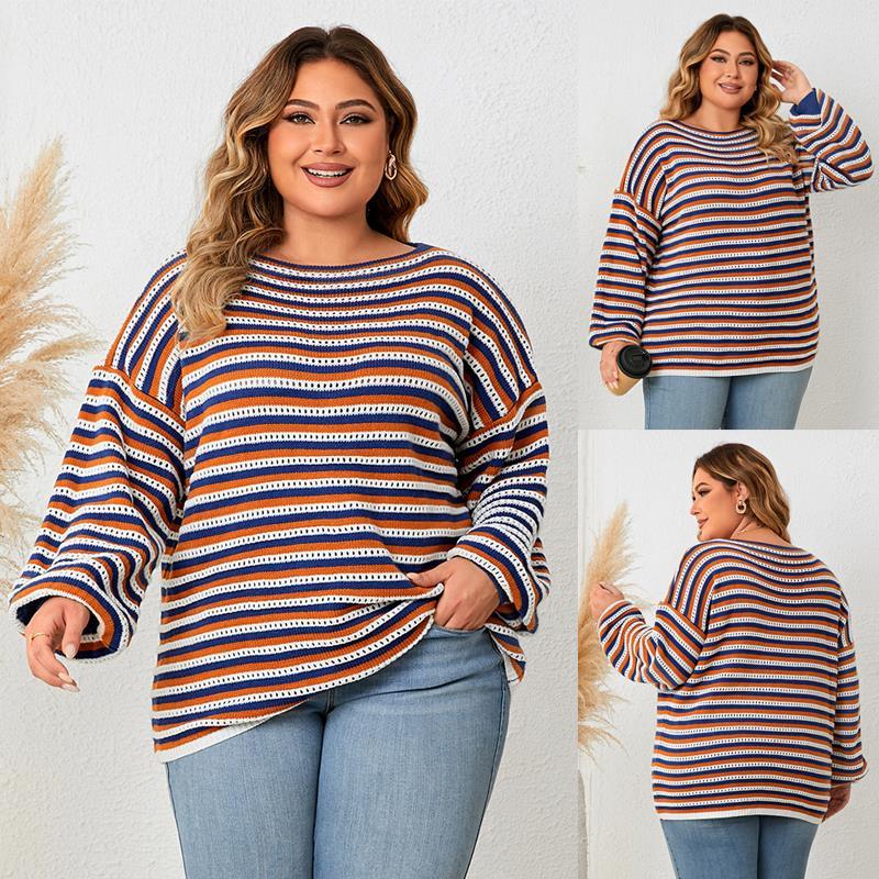 Plus-Size Women&#39;s New Striped Loose Round Neck Pullo