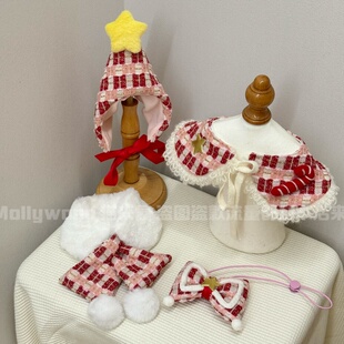 Mollywood 猫来屋 原创红粉格子圣诞口水巾 蝴蝶结装饰围兜猫咪可