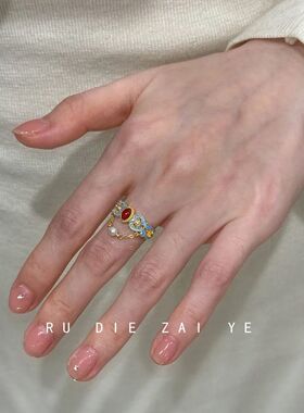 库宁 点翠珠帘~新中式烧蓝流苏戒指复古宫廷风重工镂空开口戒