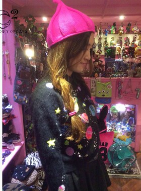 Luckytochangchang星空系列DIY手工羊毛毡套头长袖街头黑色毛衣