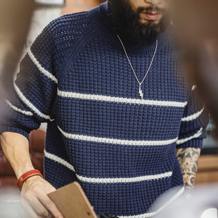 毛衣高领针织菠萝纹加厚保暖外穿男冬 复古条纹插肩袖 马登工装 美式