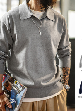 马登工装美式休闲海鸥领polo衫老钱风灰色针织长袖套头毛衣男春季