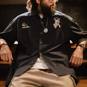 刺绣黑色纯棉衬衣vintage短袖 复古巴领衬衫 外套男夏 美式 马登工装