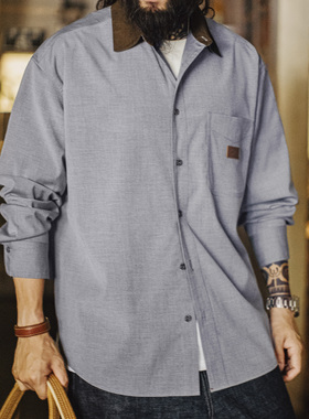 马登工装美式休闲灯芯绒拼接衬衫长袖老钱风灰色薄款衬衣外套男春
