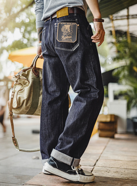 马登工装美式复古原牛色水洗牛仔裤直筒丹宁休闲裤阔腿长裤男秋冬