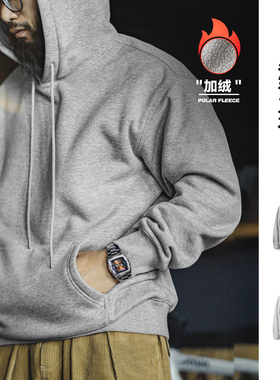 马登工装美式灰色洛奇连帽卫衣加绒宽松重磅叠穿套头帽衫外套男冬