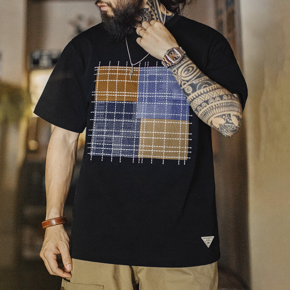 马登工装美式复古撞色拼布短袖T恤纯棉透气设计感半袖Tee男夏