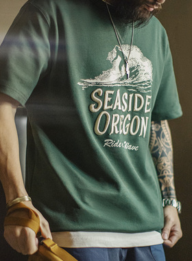 马登工装美式复古立体刺绣T恤数码印花螺纹领口墨绿色短袖男士夏