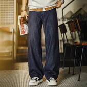 美式 复古竹节深蓝色牛仔裤 直筒水洗丹宁休闲长裤 马登工装 子男士 冬