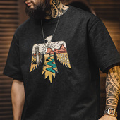 马登工装 男夏季 美式 复古印第安雷鸟T恤棉重磅民族风刺绣印花短袖