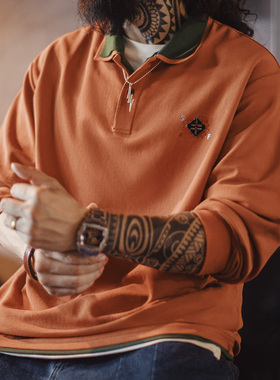 马登工装美式复古纳瓦霍polo领卫衣假两件长袖橘色针织polo衫男春