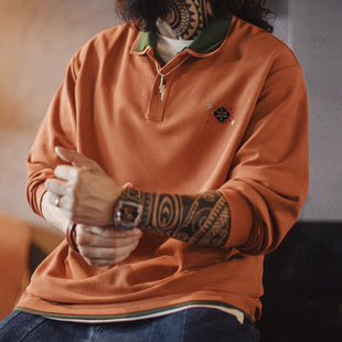 橘色针织polo衫 复古纳瓦霍polo领卫衣假两件长袖 男春 美式 马登工装