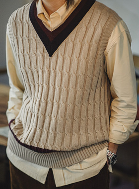 马登工装美式复古IVY针织V领毛衣背心学院风撞色绞花无袖马甲男秋