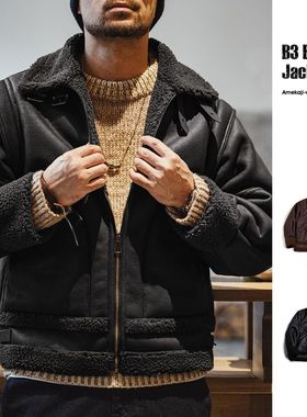 马登工装美式复古B3轰炸机皮衣夹克皮毛一体美拉德机车服外套男冬