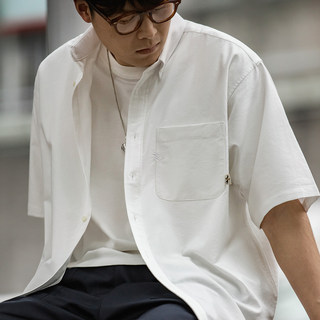马登工装 美式复古oversize白色叠穿短袖衬衫宽松cityboy衬衣男夏