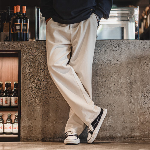 马登工装美式棉籽壳米白色牛仔裤