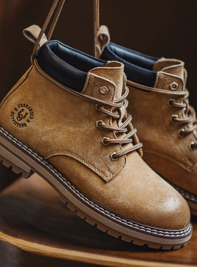 马登美式猎装马丁靴复古痞帅中帮大黄靴机车加绒工装鞋靴子男款冬