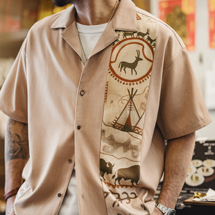 马登工装美式复古印花古巴领衬衫印第安薄款短袖棉衬衣外套男士夏