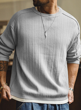 马登工装美式休闲灰色针织衫长袖纯棉老钱风坑条格雷系毛衣男春季