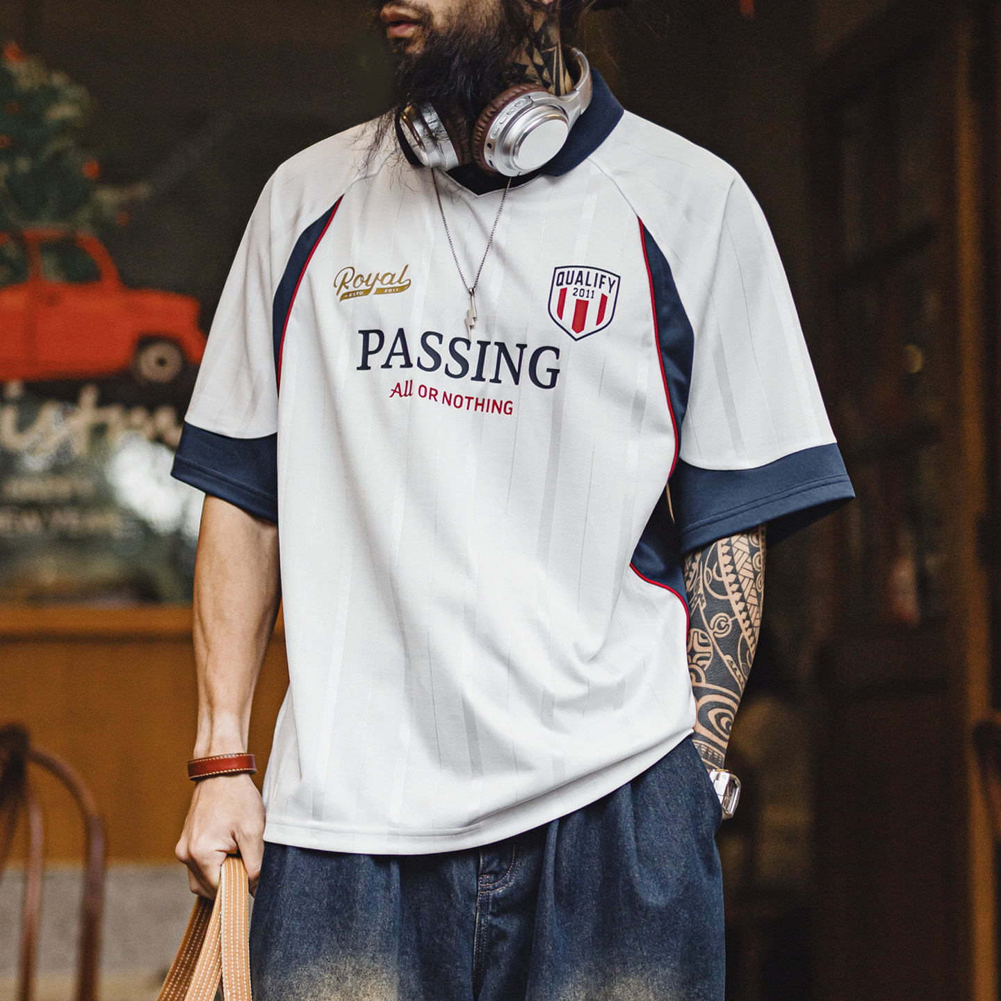 马登工装美式复古v领polo衫运动球衣带领印花短袖上衣薄款t恤男夏