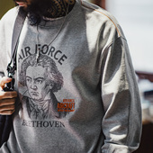 T恤男款 灰色卷边全纯棉卫衣宽松套头印花刺绣长袖 春 美式 马登工装