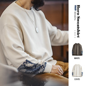 男春季 马登工装 日系复古百家布拼接卫衣boro风休闲上衣圆领套头衫