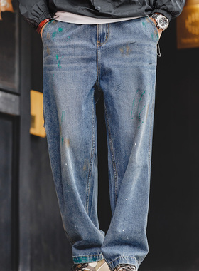 马登工装美式复古泼墨涂鸦牛仔裤浅蓝色竹节纹水洗直筒伐木裤男春
