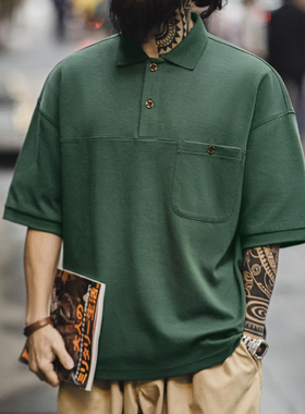 马登工装 美式复古绿色polo衫短袖重磅宽松学院风翻领半袖t恤男夏