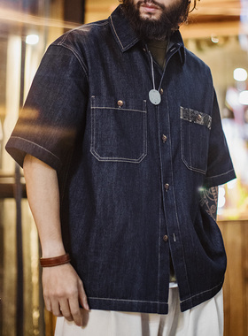 马登工装美式复古boro丹宁回潮牛仔衬衣日系蓝染翻领衬衫外套男春
