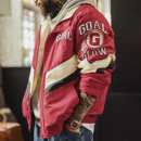 马登工装 复古拼接撞色赛车夹克红色翻领加厚保暖棉服外套男冬 美式